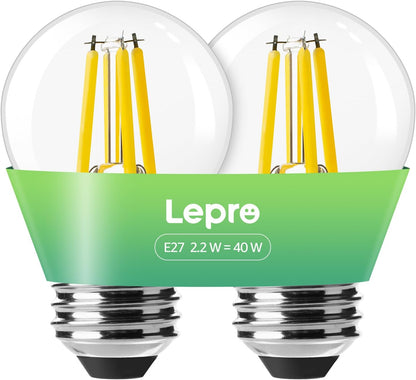Lepro E27 Golf Ball Bulb, Ultra Efficient A-Rated, 2.2W = 40W, 470lm, Warm White 2700K, 50000H Lifespan, Edison Screw in Light Bulb, Clear Glass Vintage Filament Bulb, Pack of 2