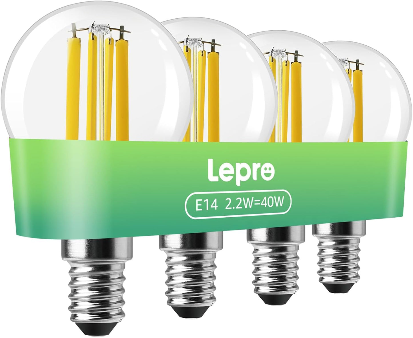 Lepro E14 Golf Ball Bulb Vintage, Ultra Efficient A-Rated, 2.2W = 40W, 470lm, Warm White 2700K, 50000H Lifespan, Small Edison Screw SES Bulb, Clear Filament, Glass, Pack of 4