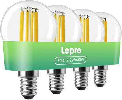 Lepro E14 Golf Ball Bulb Vintage, Ultra Efficient A-Rated, 2.2W = 40W, 470lm, Warm White 2700K, 50000H Lifespan, Small Edison Screw SES Bulb, Clear Filament, Glass, Pack of 4