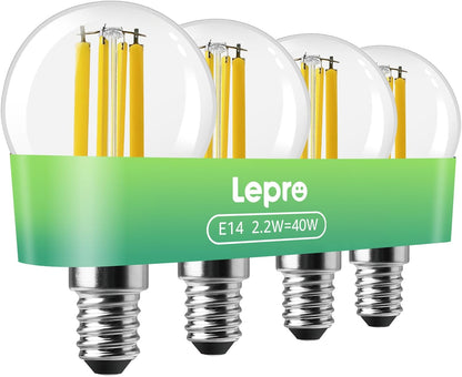 Lepro E14 Golf Ball Bulb Vintage, Ultra Efficient A-Rated, 2.2W = 40W, 470lm, Warm White 2700K, 50000H Lifespan, Small Edison Screw SES Bulb, Clear Filament, Glass, Pack of 4