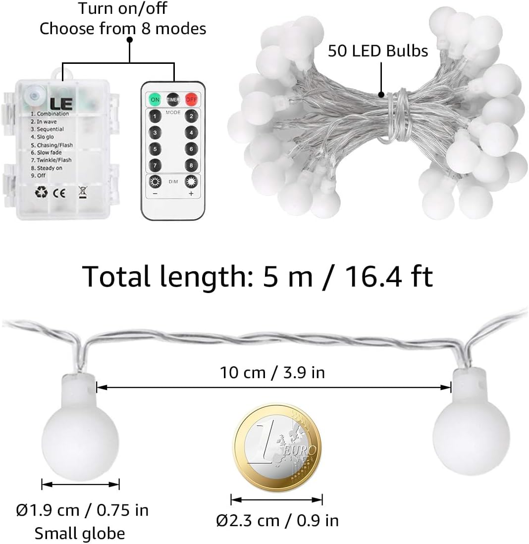 LE Fairy Lights Battery Powered, 5m 50 LED Warm White Globe String Lights, Camping Fairy Lights for Tents with Remote and Timer, Battery Fairy Lights for Indoor Outdoor, Bedroom, Camping and More
