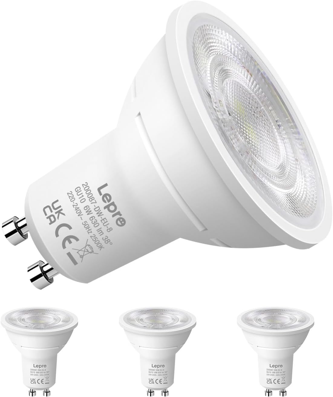 Lepro GU10 LED Spotlight Bulb, 630LM, 6W (80W Equivalent), Daylight White 6500K, 38¡« Beam Angle, Energy Saving Light Bulbs, Non-Dimmable, 4 Packs