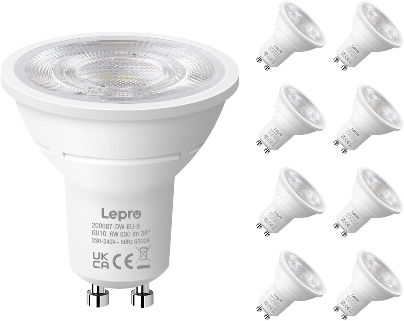 Lepro GU10 LED Bulbs, Cool White 6500K, 630LM, 6W (80W Equivalent), 38¡« Beam Angle, Energy Saving Spotlight Bulbs, Non-Dimmable, 8 Packs