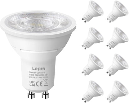 Lepro GU10 LED Bulbs, Cool White 6500K, 630LM, 6W (80W Equivalent), 38¡« Beam Angle, Energy Saving Spotlight Bulbs, Non-Dimmable, 8 Packs