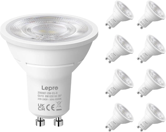 Lepro GU10 LED Bulbs, Cool White 6500K, 630LM, 6W (80W Equivalent), 38¡« Beam Angle, Energy Saving Spotlight Bulbs, Non-Dimmable, 8 Packs