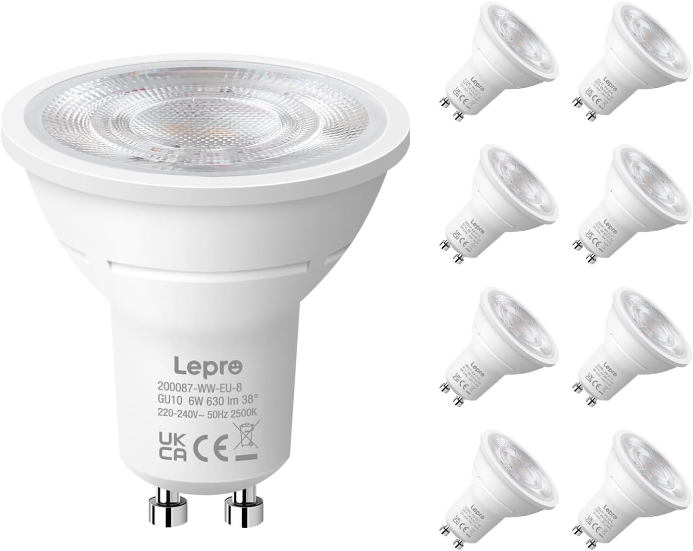 Lepro GU10 LED Bulbs, Warm White 2700K, 630LM, 6W (80W Equivalent), 38¡« Beam Angle, Energy Saving Spotlight Bulbs, Non-Dimmable, 8 Packs