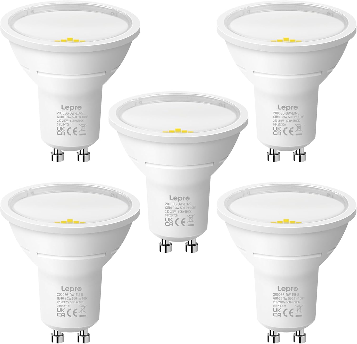 Lepro GU10 LED Bulbs, Cool White 6500K, A Energy Class, 590LM, 3.3W (50W Equivalent), 100¡« Wide Beam Angle, 50000H Long Life, Energy Saving LED Spotlight Bulb, Non-Dimmable, Pack of 5