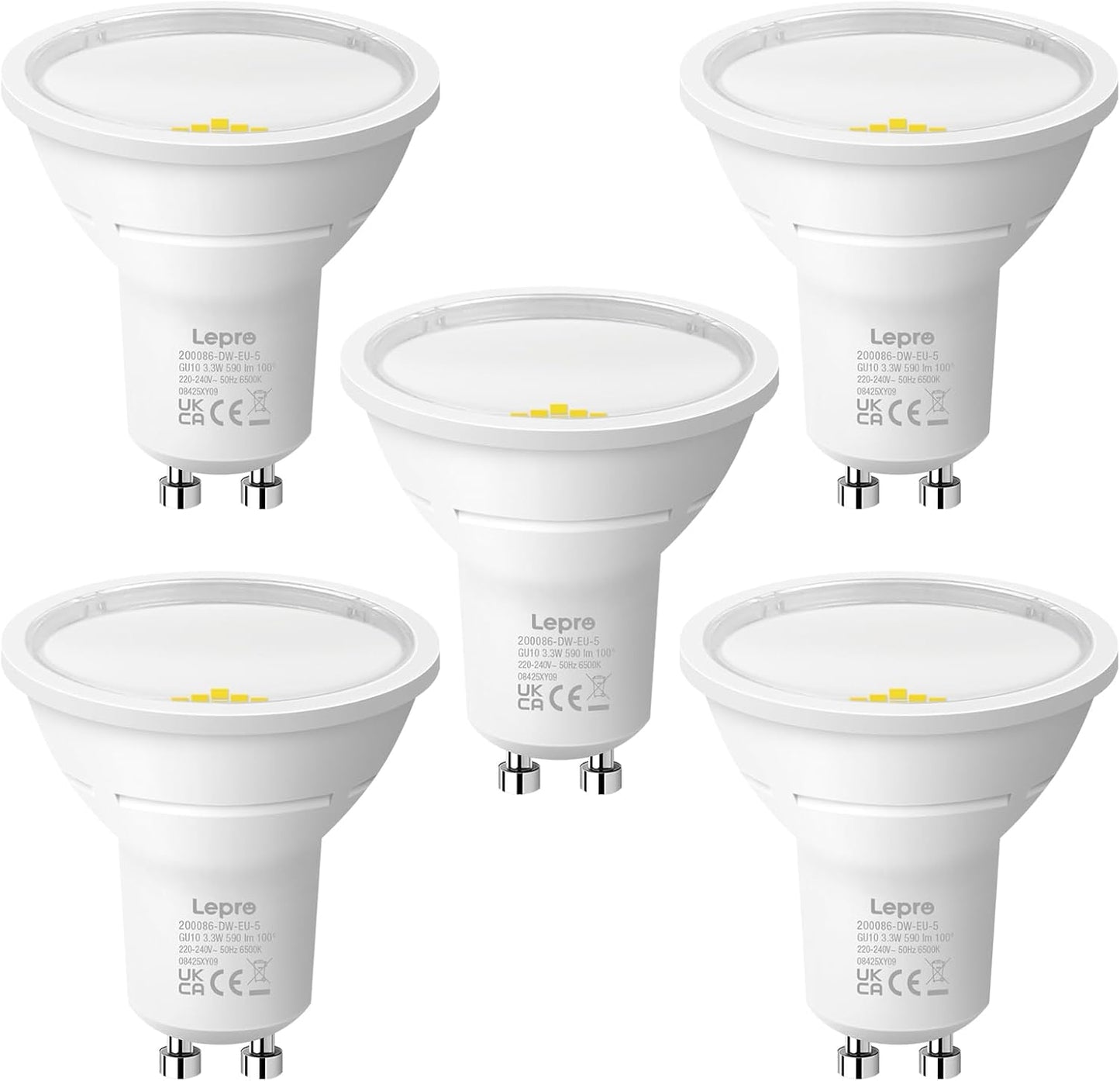 Lepro GU10 LED Bulbs, Cool White 6500K, A Energy Class, 590LM, 3.3W (50W Equivalent), 100¡« Wide Beam Angle, 50000H Long Life, Energy Saving LED Spotlight Bulb, Non-Dimmable, Pack of 5
