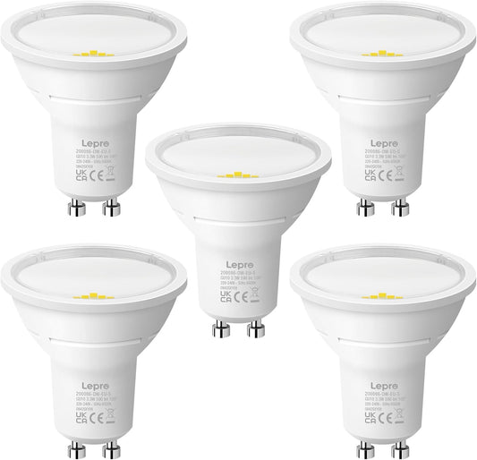Lepro GU10 LED Bulbs, Cool White 6500K, A Energy Class, 590LM, 3.3W (50W Equivalent), 100¡« Wide Beam Angle, 50000H Long Life, Energy Saving LED Spotlight Bulb, Non-Dimmable, Pack of 5