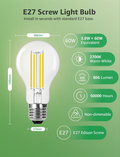 Lepro E27 Vintage Light Bulbs, Ultra Efficient A-Rated GLS Bulb, 3.8W = 60W, 806lm, 2700K Warm White, 50000H Lifespan, Clear Filament, Glass, Non-dimmable, Pack of 2