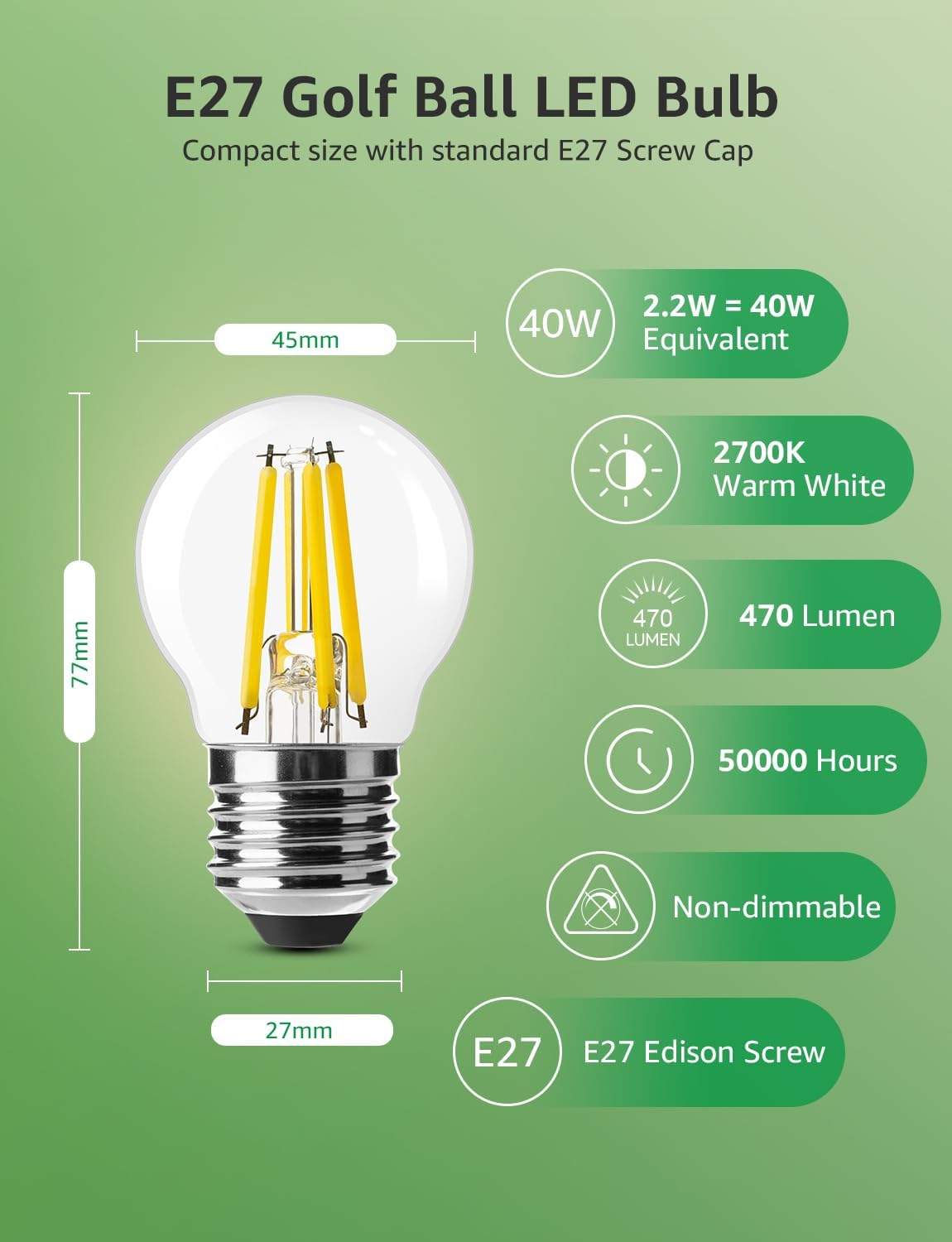 Lepro E27 Golf Ball Bulb, Ultra Efficient A-Rated, 2.2W = 40W, 470lm, Warm White 2700K, 50000H Lifespan, Edison Screw in Light Bulb, Clear Glass Vintage Filament Bulb, Pack of 2