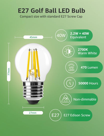 Lepro E27 Golf Ball Bulb, Ultra Efficient A-Rated, 2.2W = 40W, 470lm, Warm White 2700K, 50000H Lifespan, Edison Screw in Light Bulb, Clear Glass Vintage Filament Bulb, Pack of 2