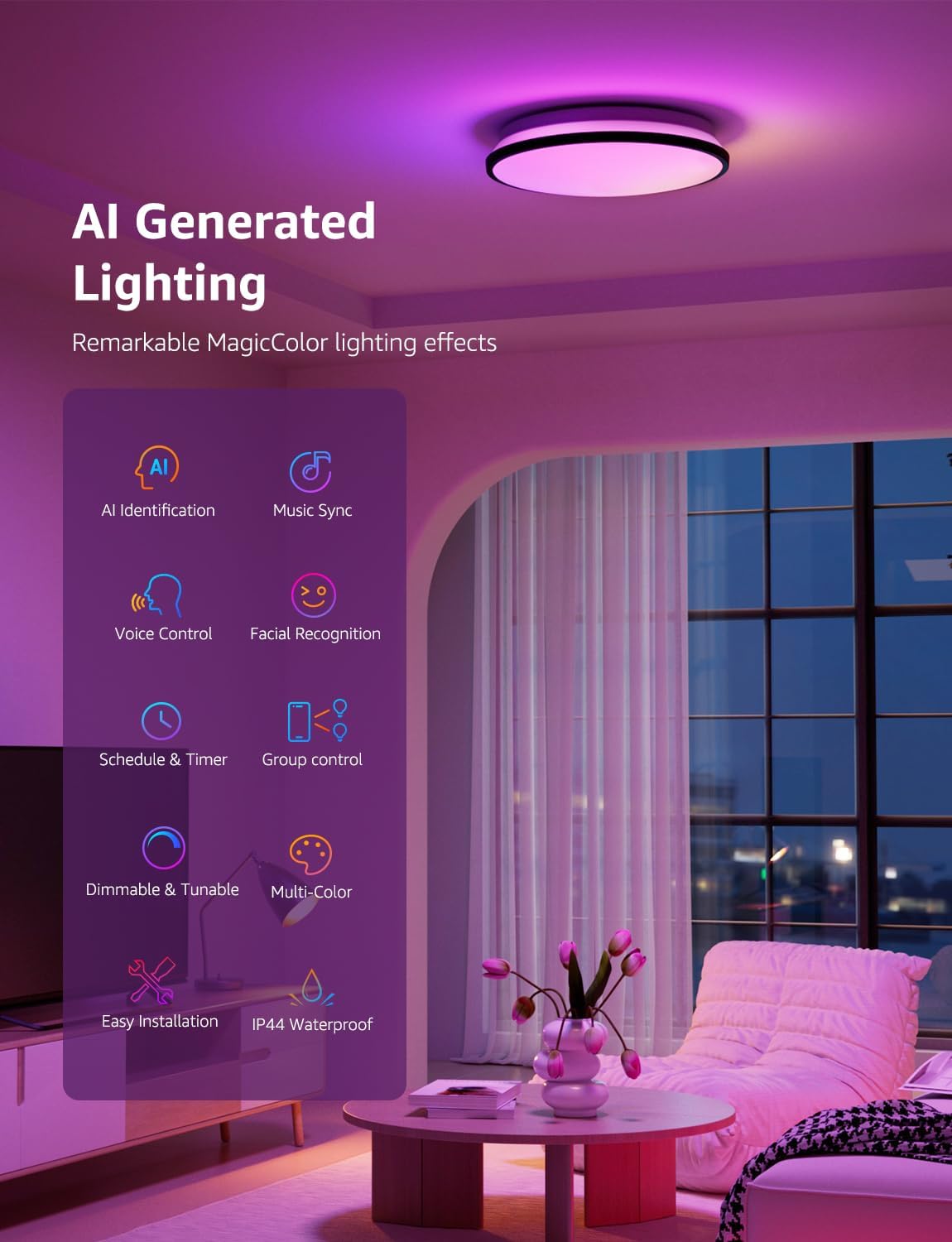 Lepro T1 AI Smart Ceiling Light 24W, Music Sync, AI Generated Lighting LLM, Voice Control, IP44 Waterproof Bathroom Light, Color Changing Ceiling Light WiFi, Work with Alexa Google Assistant, Ø29.4CM