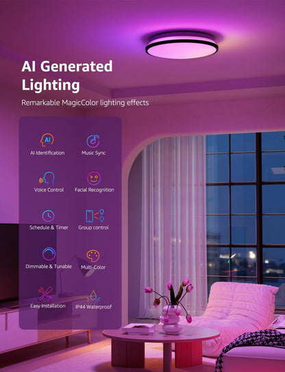 Lepro T1 AI Smart Ceiling Light 24W, Music Sync, AI Generated Lighting LLM, Voice Control, IP44 Waterproof Bathroom Light, Color Changing Ceiling Light WiFi, Work with Alexa Google Assistant, Ø29.4CM