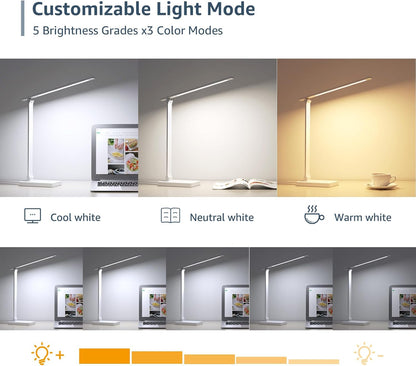 Lepro LED Desk Lamp, Desk Lamp with Power Adapter, 655lm, Desk Lamps Office with USB Charging Port, 5 Brightness Levels x 3 Colour Mode, Touch Control Daylight Lamp for Office, Nails, Study, Bedroom