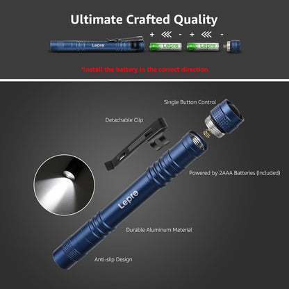 Lepro LED Torch Battery Powered, 2 Pack Pen Torch with Clip - Small Flightlight, 3 Modes, IP44 Waterproof for Inspection, Work, Repair and Nurses (Batteries Included), Blue