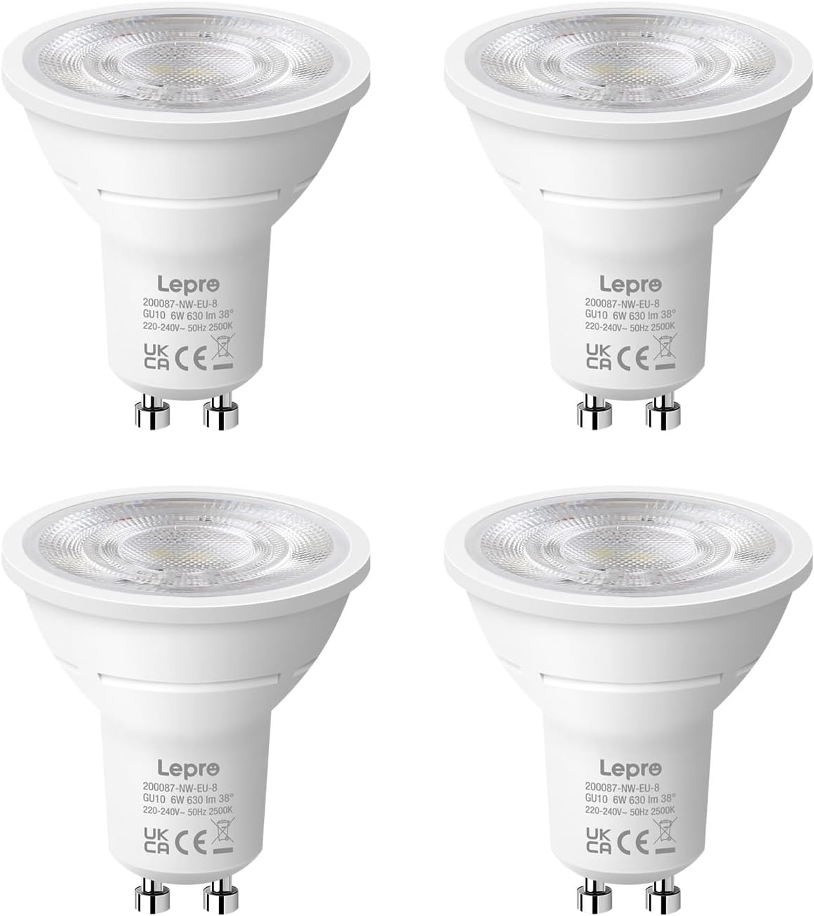 Lepro GU10 LED Spotlight Bulb, 630LM, 6W (80W Equivalent), Natural White 4000K, 38¡« Beam Angle, Energy Saving Light Bulbs, Non-Dimmable, 4 Packs