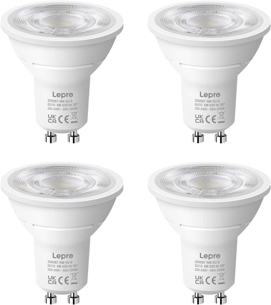 Lepro GU10 LED Spotlight Bulb, 630LM, 6W (80W Equivalent), Natural White 4000K, 38¡« Beam Angle, Energy Saving Light Bulbs, Non-Dimmable, 4 Packs