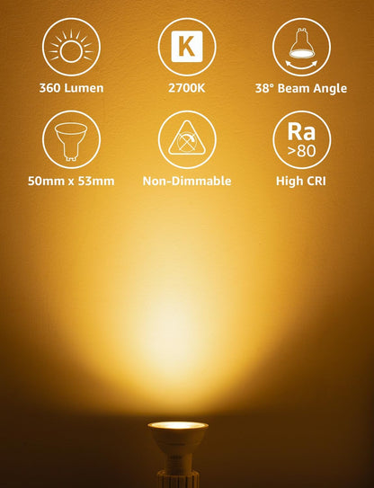 Lepro GU10 LED Bulbs, Warm White 2700K, A Energy Class, 360LM, 2W (50W Equivalent), 38¡« Beam Angle, 50000H Long Life, 96% Energy Saving Spotlight Bulb, Non-Dimmable, 2 Packs
