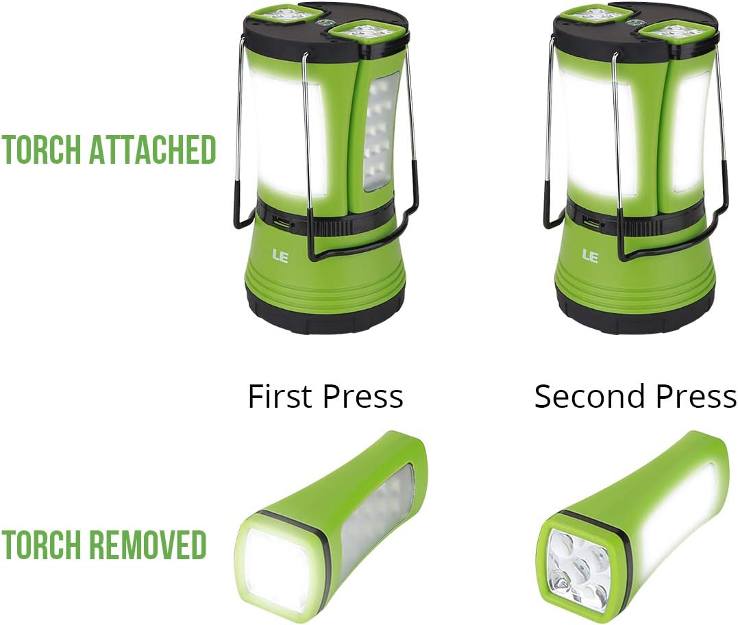 LE 3 in 1 Camping Lantern with 2 Detachable Torches, 600 Lumen, Camping Light Rechargeable or Battery Powered, Outdoor Camping Accessories for Tent, Caravan, Emergency, Fishing, Power Cuts and More