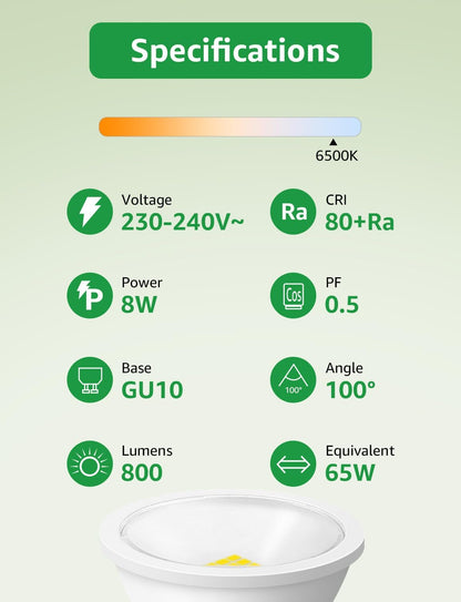Lepro GU10 LED Bulbs, Cool White 6500K, 800LM Bright GU10 Lightbulbs, 8W (65W Equivalent), 100¡« Wide Beam Angle, Energy Saving LED Spotlight Bulbs, Non-Dimmable, Pack of 5