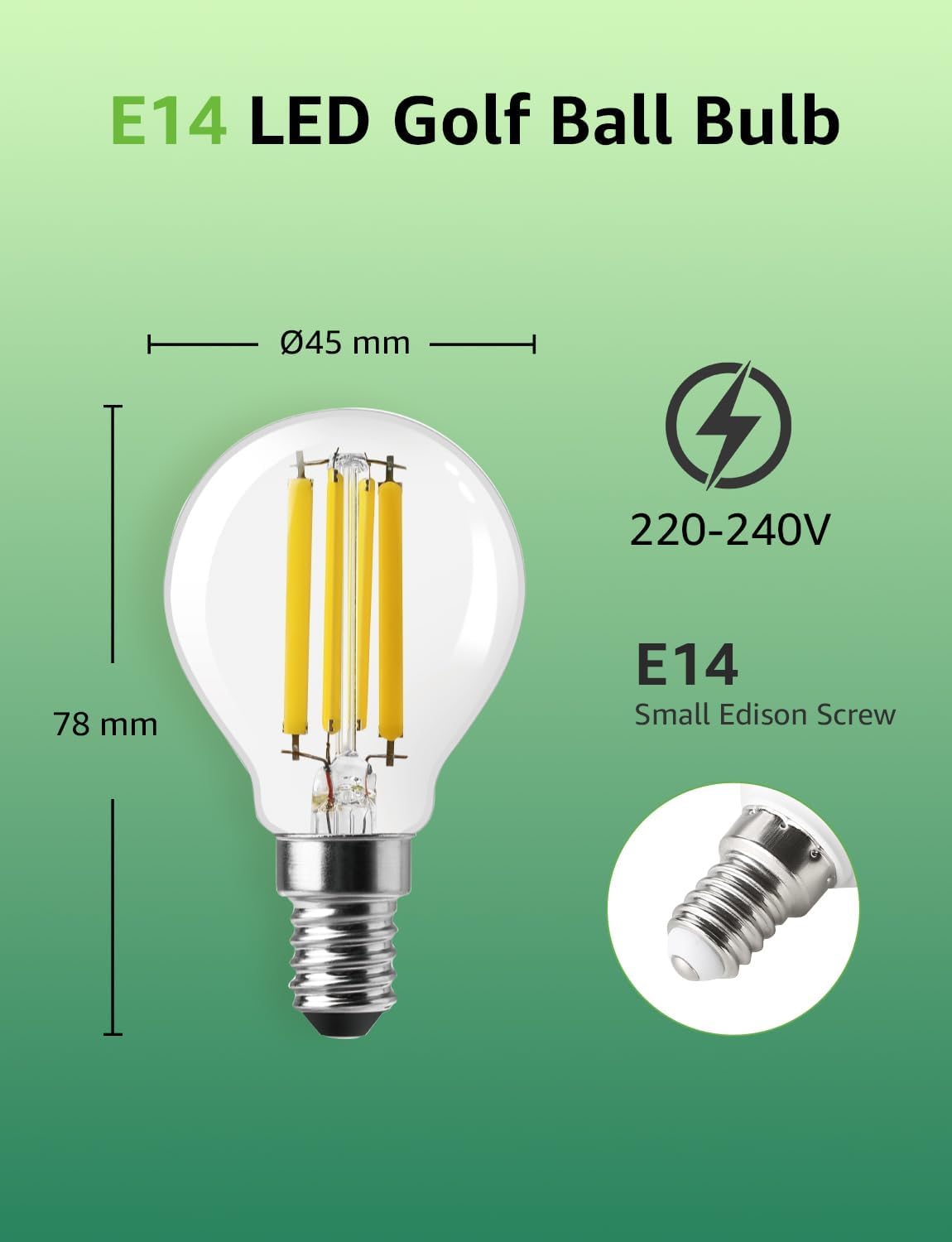 Lepro E14 Golf Ball Bulb Vintage, Ultra Efficient A-Rated, 2.2W = 40W, 470lm, Warm White 2700K, 50000H Lifespan, Small Edison Screw SES Bulb, Clear Filament, Glass, Pack of 4