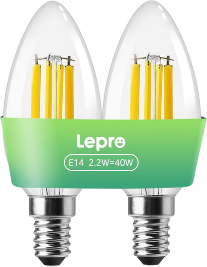 Lepro E14 LED Candle Bulb, Ultra Efficient A-Rated, 2.2W = 40W, 470lm, Warm White 2700K, 50000H Lifespan, SES Small Edison Screw, Clear Glass Vintage Filament Bulb, Pack of 2
