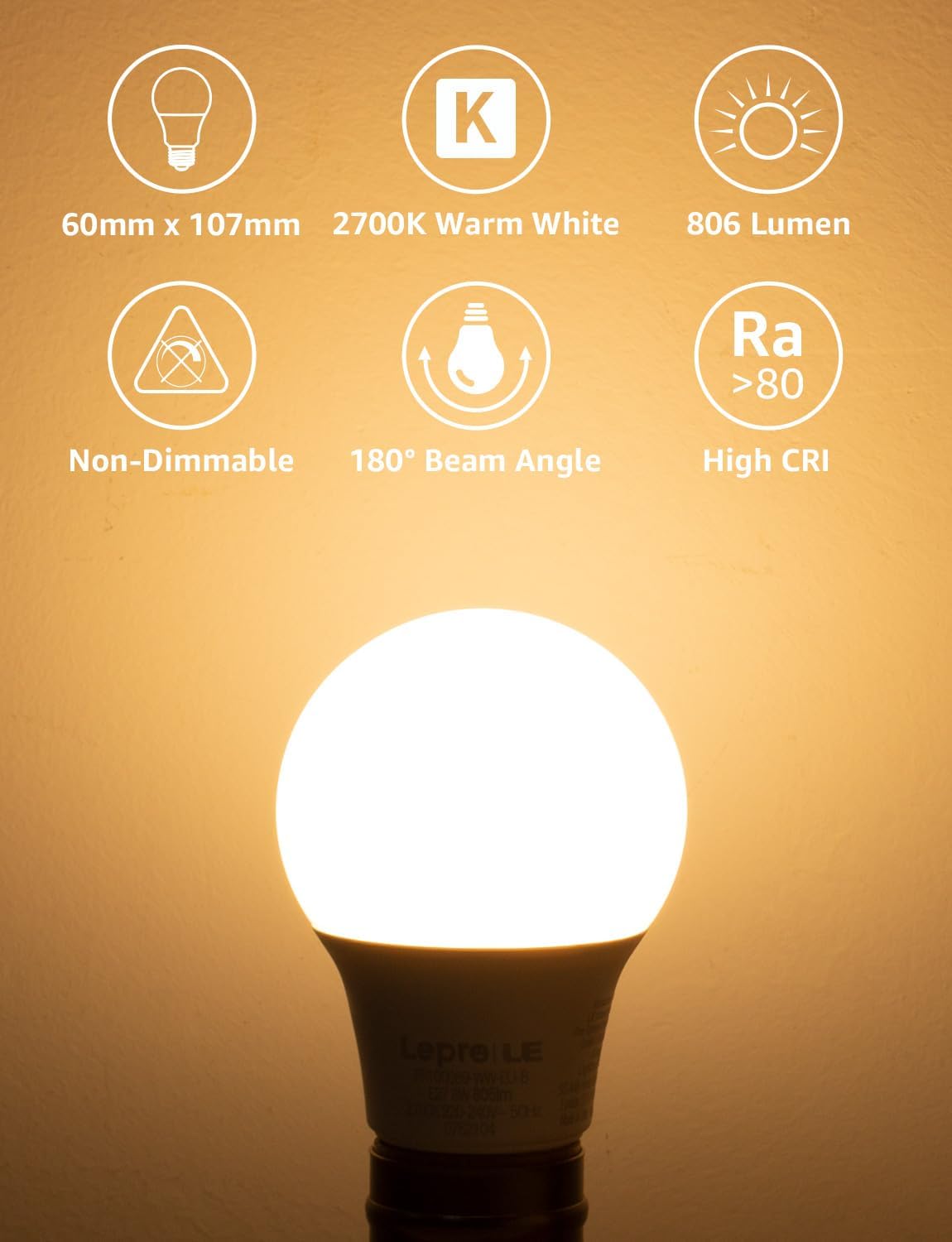 Lepro E27 Screw Bulbs 60W Equivalent, Warm White 2700K E27 LED Bulbs, 8.5W 806lm Edison Screw ES LED Light Bulb, Energy Saving E27 Bulbs for Lamp, Non-dimmable, Pack of 12