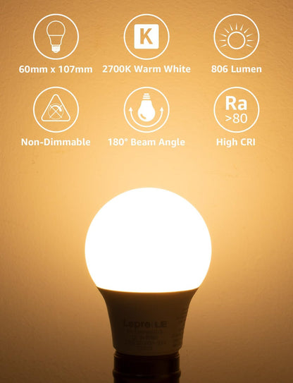 Lepro E27 Screw Bulbs 60W Equivalent, Warm White 2700K E27 LED Bulbs, 8.5W 806lm Edison Screw ES LED Light Bulb, Energy Saving E27 Bulbs for Lamp, Non-dimmable, Pack of 12