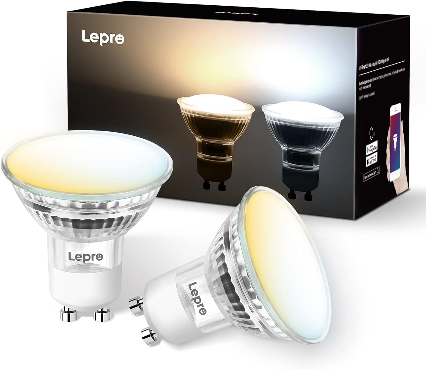 Lepro GU10 Smart Bulb, Dimmable Smart Light Bulb GU10, 4.5W 385lm, CCT Warm to Cool Daylight GU10 LED Spotlight Bulbs, Compatible with Alexa and Google Home, Pack of 2 (2.4GHz WiFi Only)