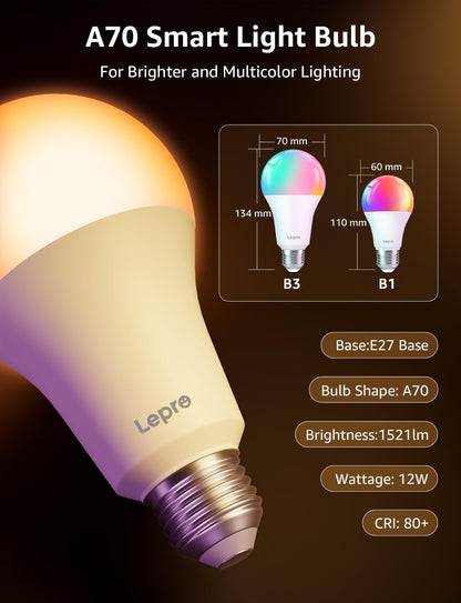 Lepro AI Smart Bulb E27, 2 Packs 1520LM Colour Changing Light Bulb, 12W(100W) WiFi Bulbs, Schedule & Timer, Work with Alexa & Google Assistant, Personalized AI Lighting Designer