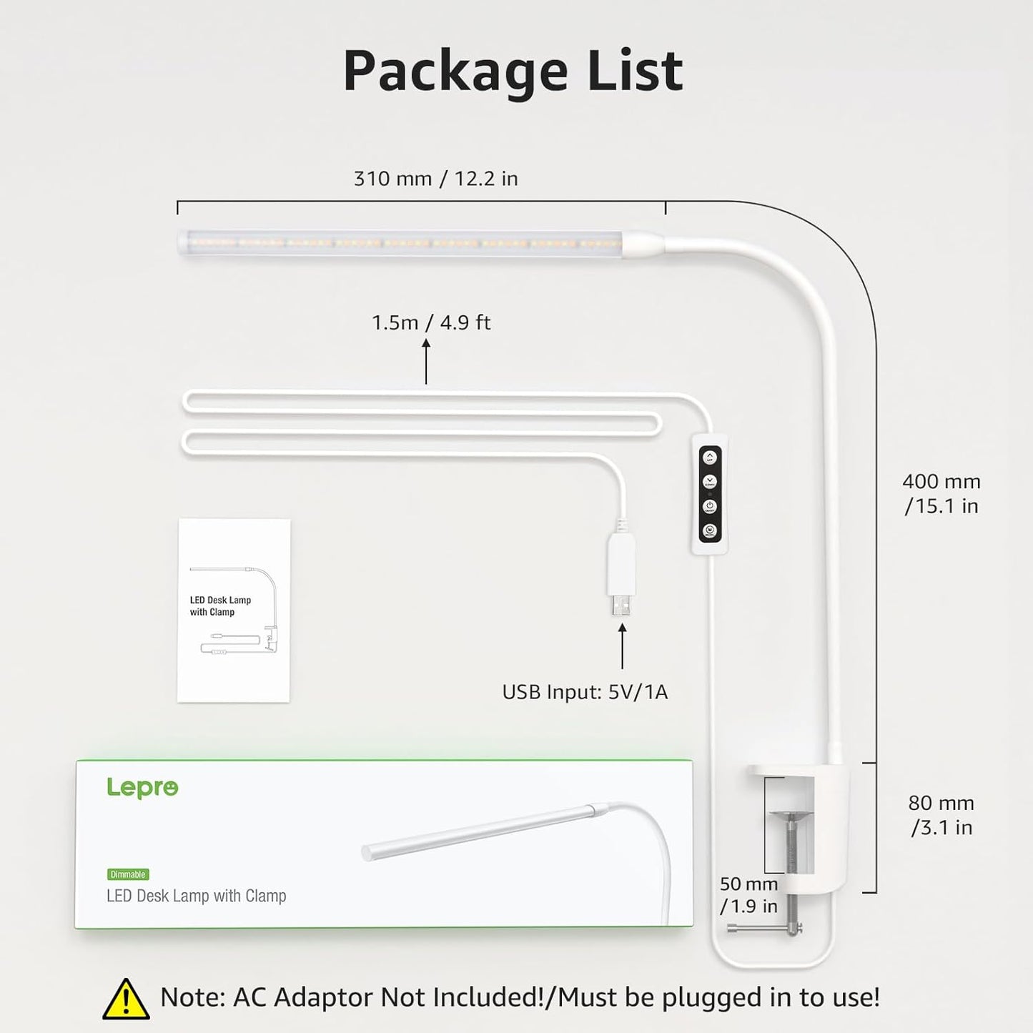 Lepro Desk Lamp Clamp, LED Desk Lamp Eye Caring Dimmable, 5W 460lm, 10 Brightness Levels x 3 Colour Modes, USB Powered Clip on Desk Light for Reading, Office, Crafts, Nails, Bedside, Back to School