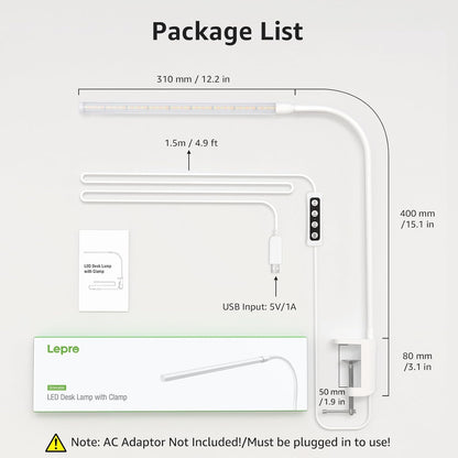 Lepro Desk Lamp Clamp, LED Desk Lamp Eye Caring Dimmable, 5W 460lm, 10 Brightness Levels x 3 Colour Modes, USB Powered Clip on Desk Light for Reading, Office, Crafts, Nails, Bedside, Back to School