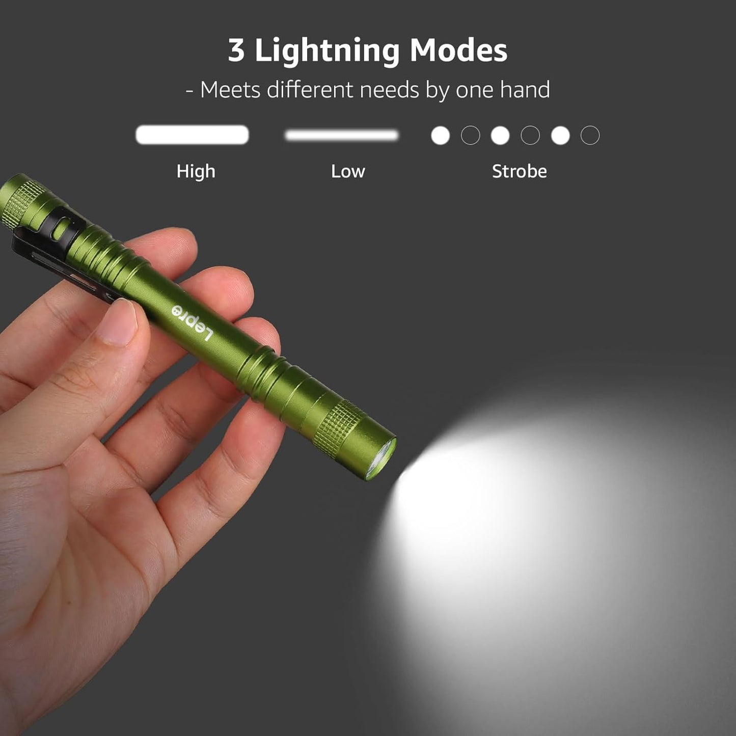 Lepro LED Torch Battery Powered, 2 Pack Pen Torch with Clip - Small Flightlight, 3 Modes, IP44 Waterproof for Camping, Emergencies, Repairs, Dog Walking, Power Cuts (Batteries Included), Green [Energy Class A]