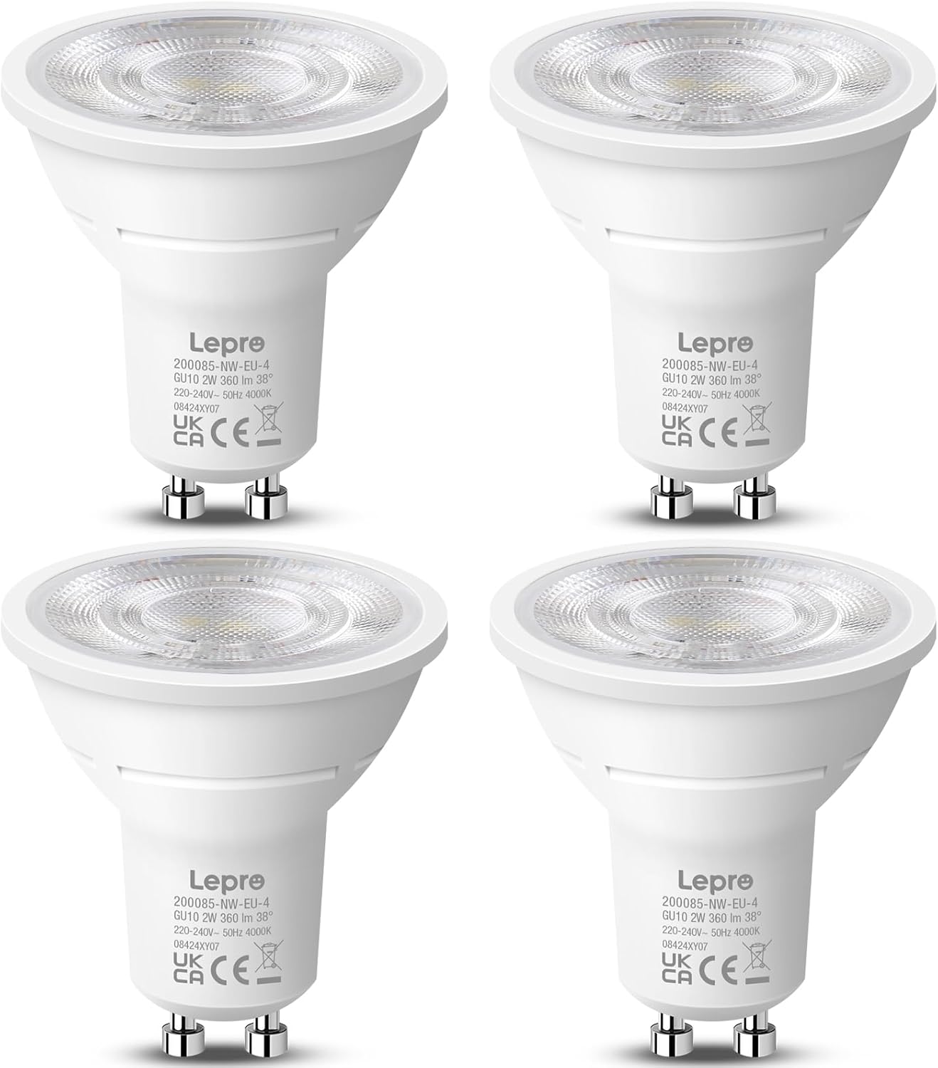 Lepro GU10 LED Bulbs, A Energy Class, Neutral White 4000K, 360LM, 2W (50W Equivalent), 38¡« Beam Angle, 50000H Life Span, 96% Energy Saving Spotlight Bulb, Non-Dimmable, 4 Packs