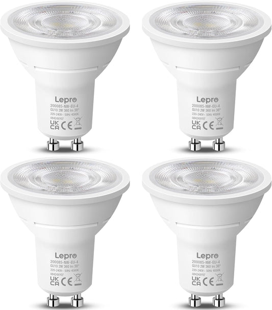 Lepro GU10 LED Bulbs, A Energy Class, Neutral White 4000K, 360LM, 2W (50W Equivalent), 38¡« Beam Angle, 50000H Life Span, 96% Energy Saving Spotlight Bulb, Non-Dimmable, 4 Packs