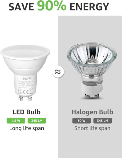 Lepro GU10 LED Bulbs, Cool White 6500K, 4.5W 345lm Energy Saving Light Bulbs, 50W Halogen Spotlight Equivalent, 100° Beam Angle, Daylight White, AC 220V-240V, Non-dimmable, Pack of 5