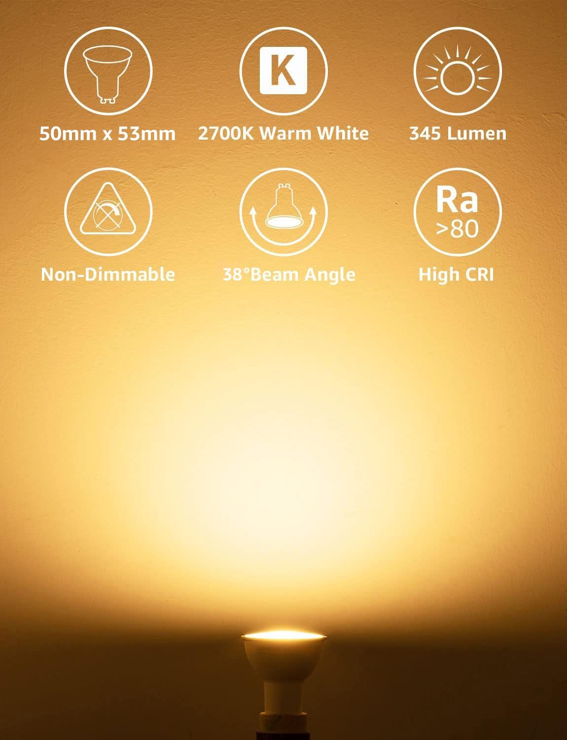 Lepro GU10 LED Bulbs, Warm White 2700K, 4W 345lm Energy Saving Light Bulbs, 50W GU10 Halogen Spotlight Bulbs Equivalent, 38° Narrow Beam, No Flickering, Non-dimmable, Pack of 10