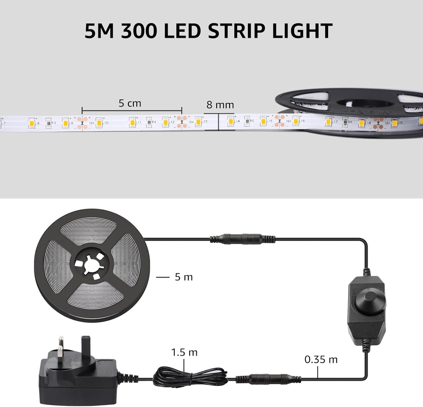 Lepro Warm White LED Strip Light 5M 300 LEDs, 1650lm Dimmable LED Tape Lights, 3000K Flexible LED Lights for Bedroom Kitchen Under Cabinet Wardrobe Stair (12V Power Plug and Dimmer Switch Included)