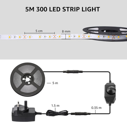 Lepro Warm White LED Strip Light 5M 300 LEDs, 1650lm Dimmable LED Tape Lights, 3000K Flexible LED Lights for Bedroom Kitchen Under Cabinet Wardrobe Stair (12V Power Plug and Dimmer Switch Included)