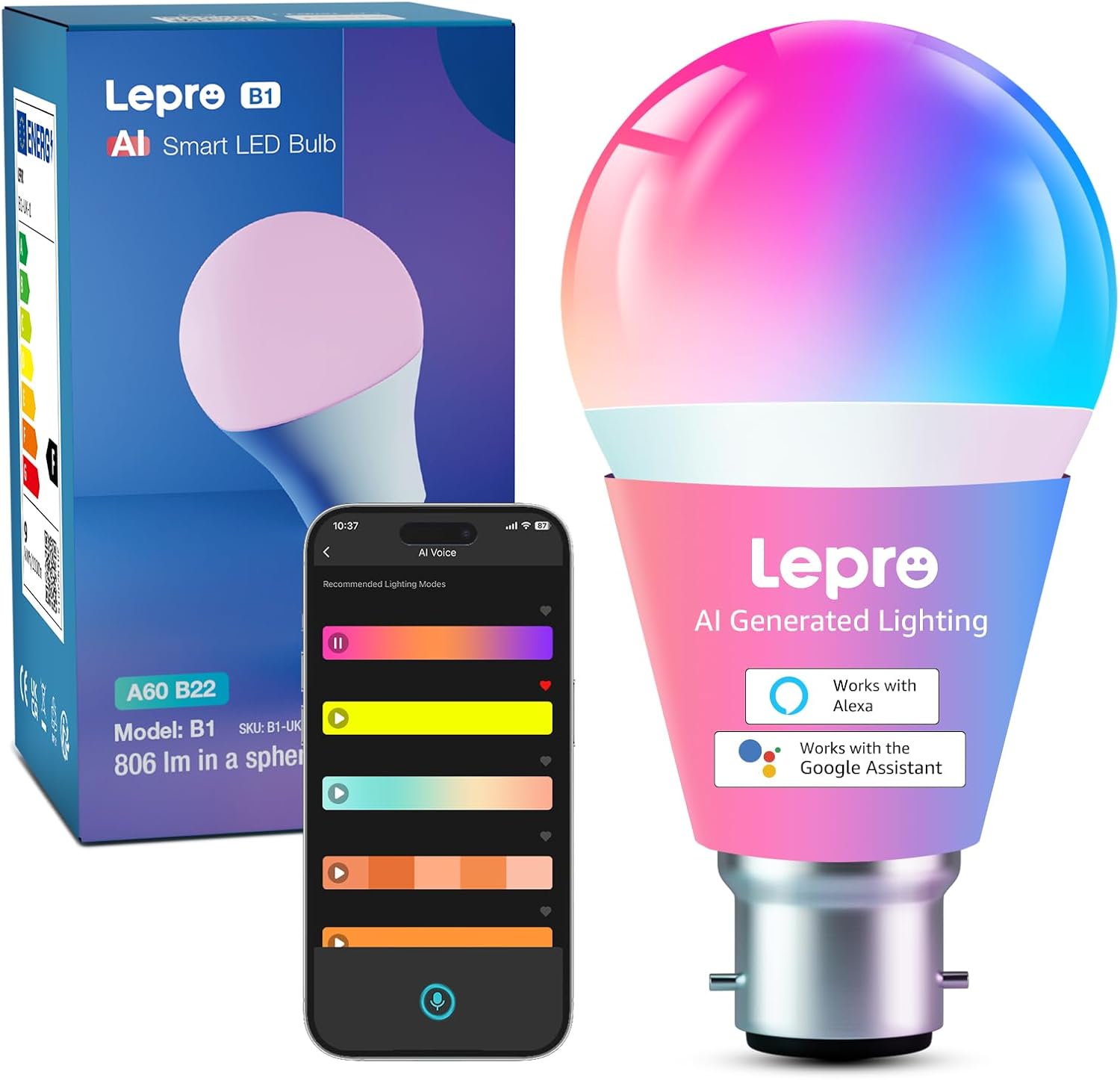Lepro B1 AI Smart Bulb B22, Music Sync, Bayonet WiFi Bulb That Works with Alexa & Google Home, AI Lighting Design Assistant, APP & Voice Control, 806lm, Dimmable, Bluetooth Color Changing Light Bulb