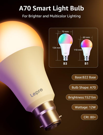 Lepro B22 AI Smart Bulb, 1521LM Smart Light Bulb, 12W(100W), Schedule & Timer, Energy Saving, 16 Million Colors, Work with Alexa & Google Assistant, Personalized AI Lighting Designer