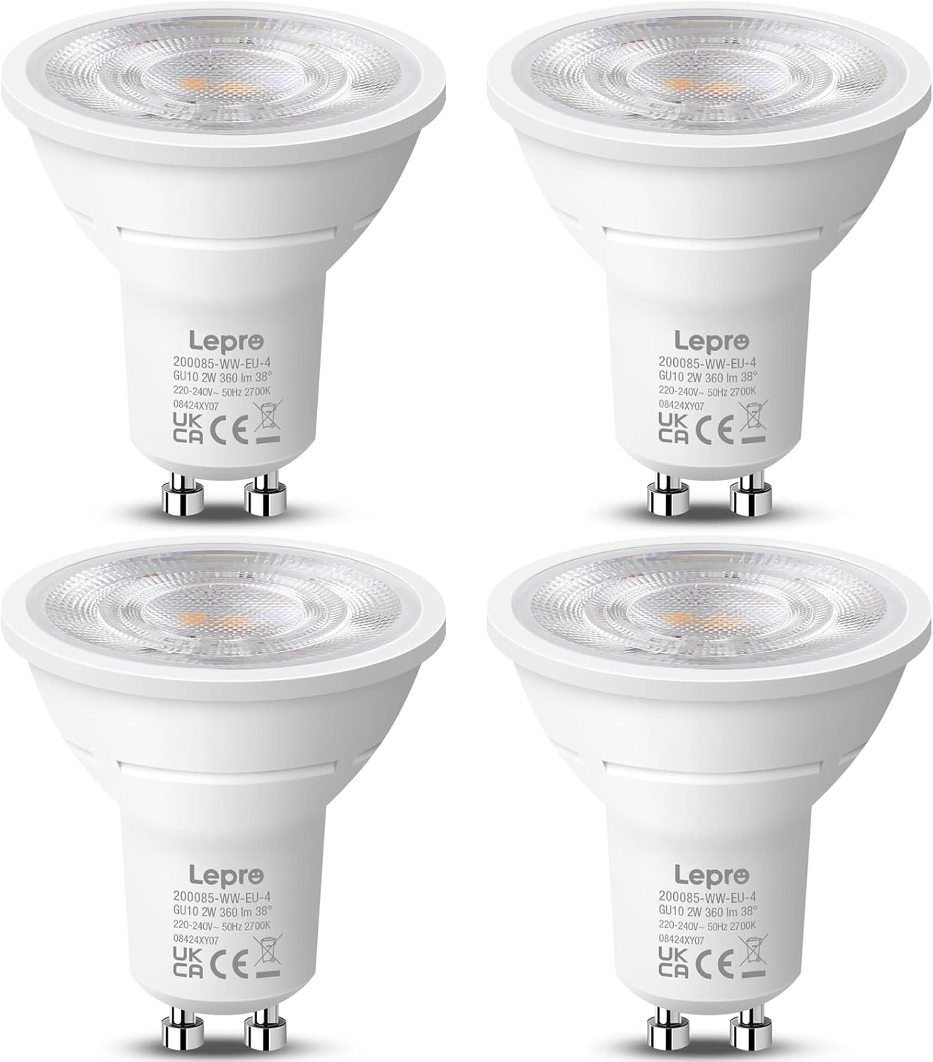Lepro GU10 LED Bulbs Warm White, A Energy Class, 360LM, 2W (50W Equivalent), 38¡« Beam Angle, 50000H Life Span, 96% Energy Saving Spotlight Bulb, Non-Dimmable, 4 Packs