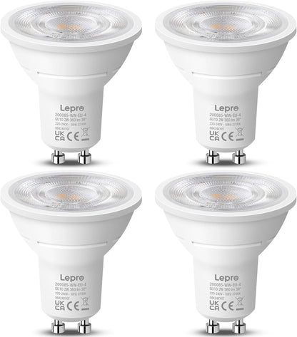 Lepro GU10 LED Bulbs Warm White, A Energy Class, 360LM, 2W (50W Equivalent), 38¡« Beam Angle, 50000H Life Span, 96% Energy Saving Spotlight Bulb, Non-Dimmable, 4 Packs