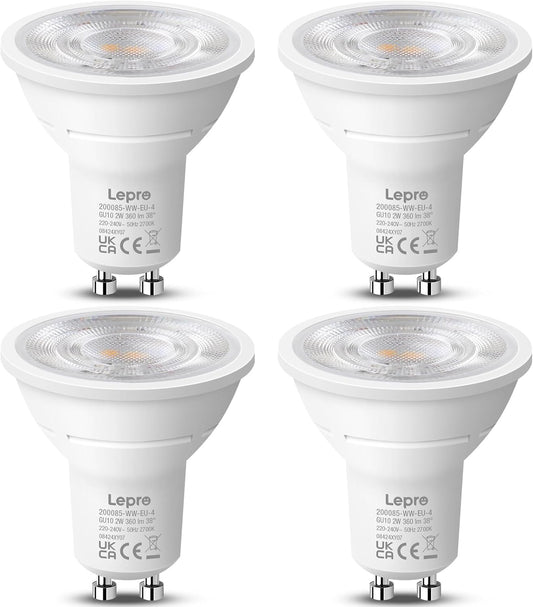 Lepro GU10 LED Bulbs Warm White, A Energy Class, 360LM, 2W (50W Equivalent), 38¡« Beam Angle, 50000H Life Span, 96% Energy Saving Spotlight Bulb, Non-Dimmable, 4 Packs