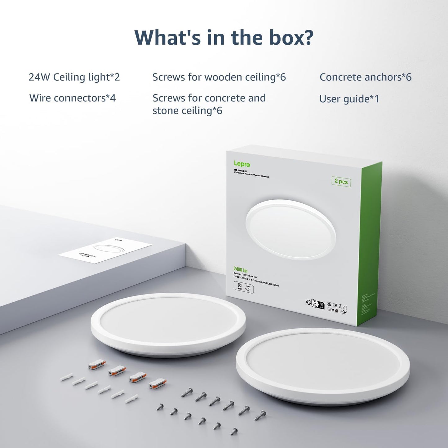 Lepro 24W 2400lm Ceiling Light, 29.3cm Large LED Bathroom Light, 2.6cm Ultra-Thin, Waterproof, Daylight White 5000K, Flush Ceiling Light for Living Room, Bedroom, Kitchen, Garage and More, 2 Packs