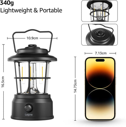 Lepro Rechargeable Camping Lantern, 300LM Retro Camping Tent Light with Knob Control, Dimmable Warm & Cool White, Type-C Charging, 3600mAh Portable Hanging Lamp for Power Cuts, Garden, Fishing, Black