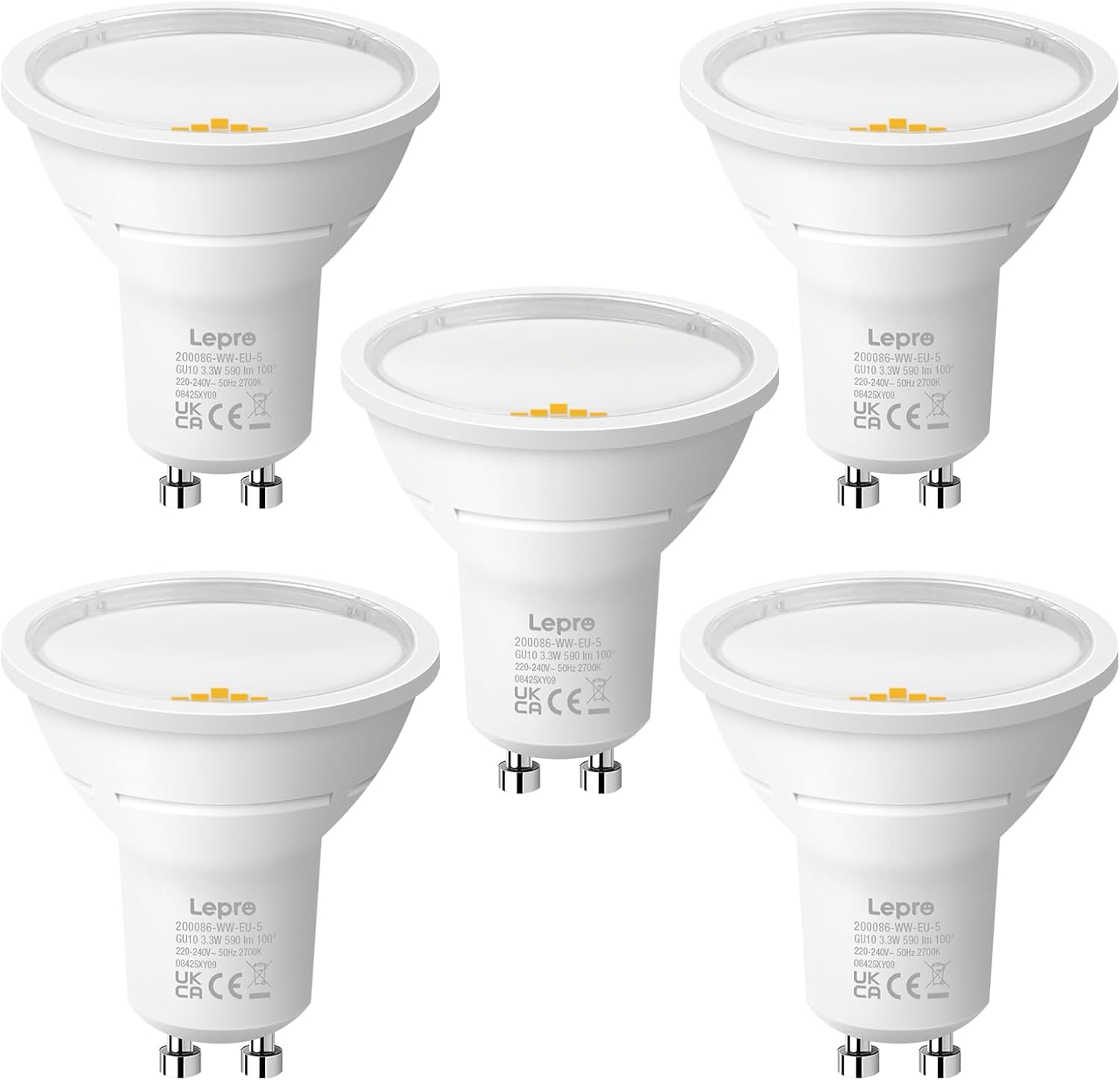 Lepro GU10 LED Bulbs, Warm White 2700K, A Energy Class, 590LM, 3.3W (50W Equivalent), 100¡« Wide Beam Angle, 50000H Long Life, Energy Saving LED Spotlight Bulb, Non-Dimmable, Pack of 5