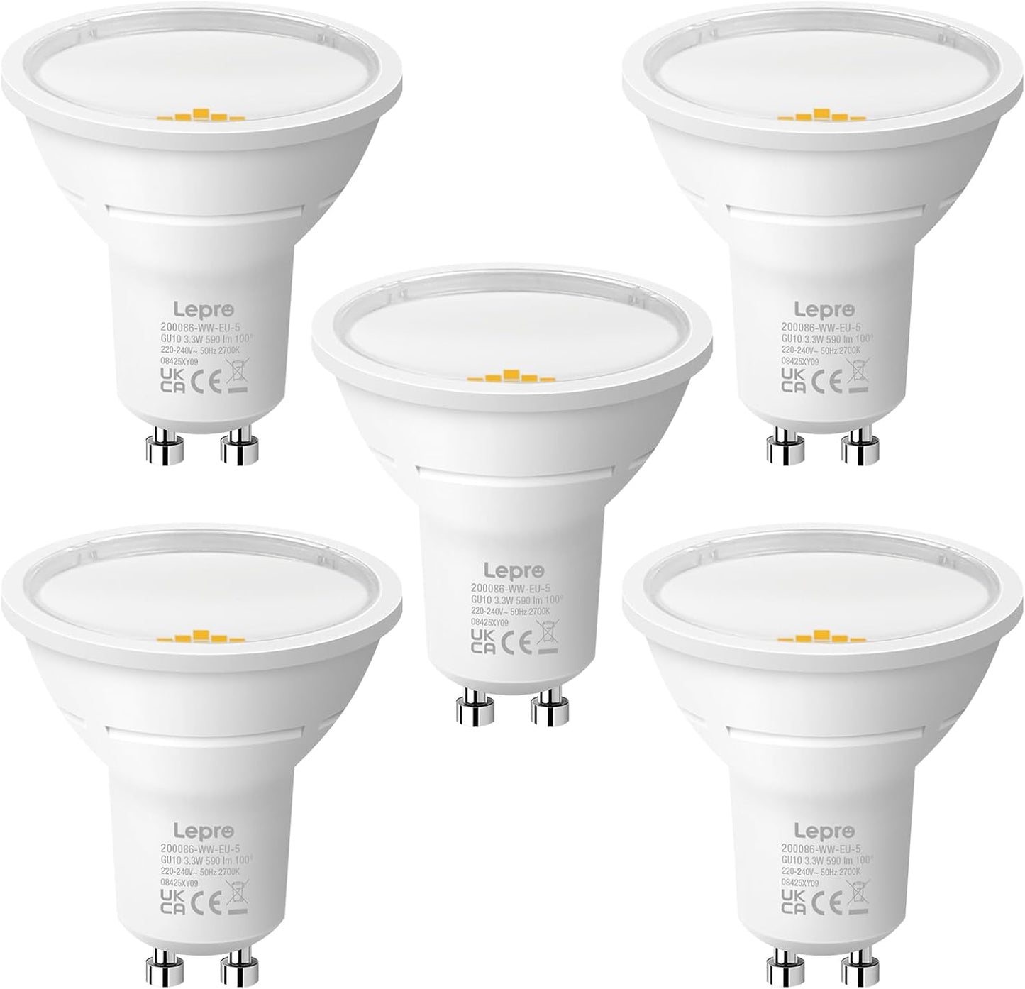 Lepro GU10 LED Bulbs, Warm White 2700K, A Energy Class, 590LM, 3.3W (50W Equivalent), 100¡« Wide Beam Angle, 50000H Long Life, Energy Saving LED Spotlight Bulb, Non-Dimmable, Pack of 5