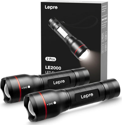 Lepro 2 Pack LED Torch Super Bright, LE2000 Powerful Flashlight, Powered by AAA Battery, Water Resistant, 5 Modes, Zoomable, Pocket Size, Lightweight